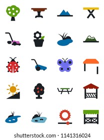 Color and black flat icon set - flower in pot vector, lawn mower, butterfly, lady bug, pond, picnic table, brightness, fruit tree, mountains, alcove