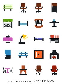 Color and black flat icon set - cafe vector, bed, checkroom, office chair, desk, bench, fireplace, lamp, bedroom, children room, restaurant table, alcove, fridge
