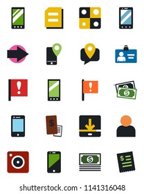 Color and black flat icon set - right arrow vector, mobile phone, identity card, document, important flag, cash, tracking, cell, camera, user, download, application, restaurant receipt