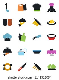 Color and black flat icon set - cook vector, restaurant table, serviette, cafe, hat, waiter, salt and pepper, ladle, bowl, rolling pin, cutting board, knife, steaming pan