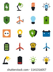Color and black flat icon set - bulb vector, battery, low, protect, charge, desk lamp, windmill, socket, energy saving, idea