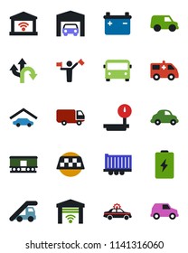 Color and black flat icon set - dispatcher vector, taxi, airport bus, alarm car, ladder, ambulance, route, truck trailer, delivery, heavy scales, railroad, garage, gate control, battery