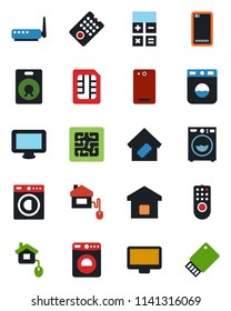 Color and black flat icon set - washer vector, calculator, monitor, speaker, phone back, sim, smart home, control, chip, remote, router, usb flash