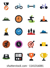 Color and black flat icon set - pedestal vector, medal, barbell, bike, run, heavy, clock, stopwatch, mountains, target, award cup