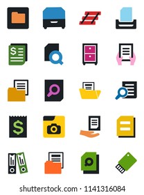 Color and black flat icon set - office binder vector, document search, receipt, folder, photo gallery, paper tray, archive box, usb flash