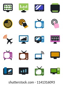 Color and black flat icon set - plane radar vector, wireless notebook, statistic monitor, pulse, tv, touch screen, hdmi, statistics, intercome, pc