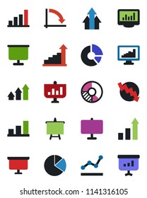 Color and black flat icon set - growth statistic vector, presentation board, crisis graph, circle chart, monitor statistics, bar, pie, point, arrow up