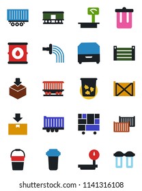 Color and black flat icon set - trash bin vector, bucket, watering, railroad, truck trailer, cargo container, consolidated, package, oil barrel, heavy scales, archive box, water filter