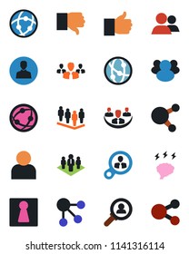 Color and black flat icon set - female vector, team, brainstorm, network, share, group, finger up, down, user, company, consumer search, social media