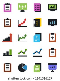 Color and black flat icon set - growth statistic vector, monitor, diagnosis, pulse clipboard, statistics, bar graph, pie, checklist, point, presentation
