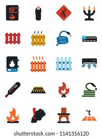 Color and black flat icon set - fire vector, hose, fireplace, thermometer, heater, air conditioner, candle, water, smoke detector, radiator, warm floor