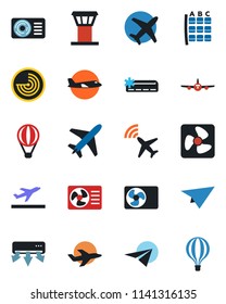 Color and black flat icon set - plane vector, airport tower, radar, departure, seat map, air conditioner, fan, paper, balloon