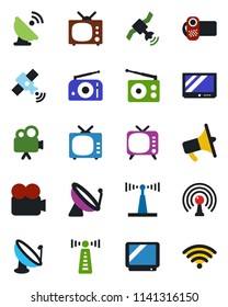 Color and black flat icon set - antenna vector, satellite, radio, loudspeaker, tv, video camera, wireless