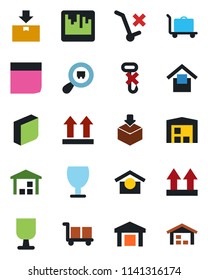 Color and black flat icon set - baggage trolley vector, fragile, cargo, warehouse storage, up side sign, no, hook, package, search, scanner, blank box
