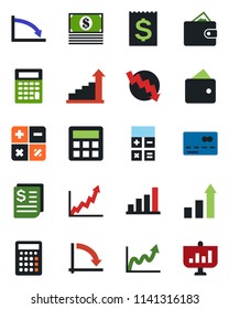 Color and black flat icon set - credit card vector, growth statistic, calculator, crisis graph, receipt, bar, wallet, cash, presentation