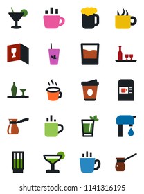 Color and black flat icon set - hot cup vector, coffee machine, water supply, alcohol, wine card, drink, cocktail, phyto bar, beer, turkish