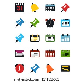 Color and black flat icon set - drawing pin vector, calendar, term, paper, alarm, bell, schedule
