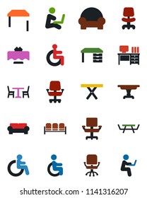 Color and black flat icon set - cafe vector, waiting area, disabled, office chair, desk, picnic table, cushioned furniture, restaurant, man with notebook