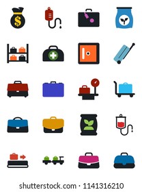 Color and black flat icon set - suitcase vector, baggage conveyor, trolley, larry, luggage storage, scales, checkroom, case, fertilizer, doctor, dropper, money bag