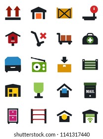 Color and black flat icon set - bird house vector, doctor case, container, fragile, cargo, warehouse storage, up side sign, no trolley, package, heavy scales, rack, radio, archive box, mailbox