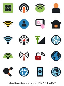Color and black flat icon set - antenna vector, earth, network, share, user, wireless, cellular signal, smart home, chip, lock, control app
