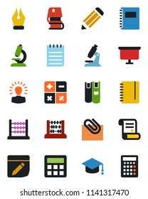 Color and black flat icon set - calculator vector, graduate, abacus, notepad, presentation board, pencil, contract, microscope, notes, copybook, paper clip, ink pen, book, shining head