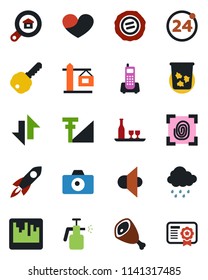 Color and black flat icon set - 24 around vector, trash bin, camera, stamp, rain, garden sprayer, office phone, speaker, heart, scanner, data exchange, cellular signal, estate search, key, crane