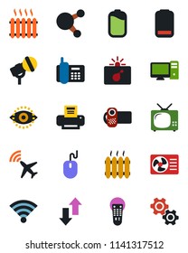 Color and black flat icon set - plane radar vector, bomb in case, mouse, office phone, microphone, video camera, remote control, share, low battery, data exchange, wireless, eye id, printer, heater
