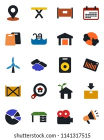 Color and black flat icon set - fence vector, clouds, desk, picnic table, broken bone, container, warehouse, package, barcode, speaker, place tag, video, pie graph, pool, estate search, eco house