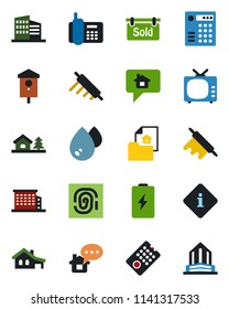 Color and black flat icon set - bird house vector, office phone, tv, with garage, tree, estate document, sold signboard, building, rolling pin, remote control, water, combination lock, information