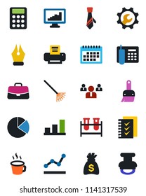 Color and black flat icon set - case vector, team, money bag, rake, blood test vial, themes, root setup, calendar, coffee, monitor statistics, bar graph, pie, calculator, ink pen, office phone, tie