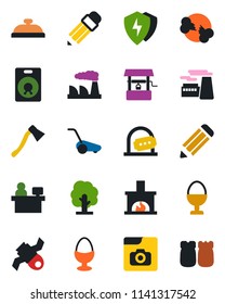 Color and black flat icon set - ticket office vector, manager place, factory, pencil, tree, lawn mower, well, axe, broken bone, satellite, speaker, protect, photo gallery, fireplace, reception