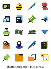 Color and black flat icon set - ticket vector, document search, pen, drawing pin, printer, folder, paper, clip, news, checklist, copier, book, stapler, cash, plane, contract