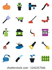 Color and black flat icon set - job vector, flower in pot, garden fork, farm, seedling, wheelbarrow, saw, house, well, hose, hoe, sickle, knife, axe, pumpkin, caterpillar, pond, sprayer, fence