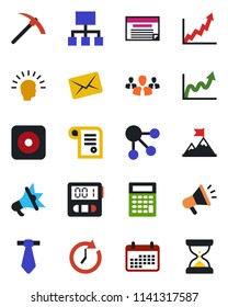 Color and black flat icon set - rec button vector, stopwatch, group, shining head, motivation, clock, growth graph, calendar, calculator, schedule, social media, hierarchy, mail, advertising, tie