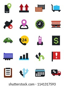 Color and black flat icon set - baggage trolley vector, route, navigation, railroad, important flag, satellite, office phone, 24 hours, mobile tracking, truck trailer, cargo container, car delivery