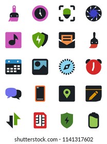 Color and black flat icon set - phone back vector, message, mobile camera, gallery, protect, themes, clock, alarm, mail, sim, calendar, notes, data exchange, place tag, compass, face id, music