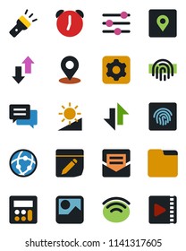 Color and black flat icon set - message vector, gallery, settings, tuning, calculator, alarm, mail, network, folder, notes, data exchange, wireless, torch, brightness, place tag, fingerprint id