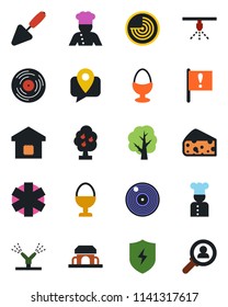 Color and black flat icon set - radar vector, trowel, tree, ambulance star, important flag, mobile tracking, vinyl, protect, fruit, smart home, cook, egg stand, cafe building, cheese, irrigation