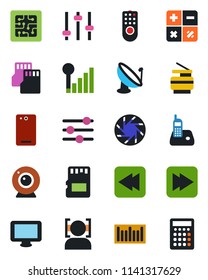 Color and black flat icon set - calculator vector, barcode, satellite antenna, monitor, radio phone, fast forward, rewind, back, mobile camera, tuning, sd, face id, cellular signal, copier, chip