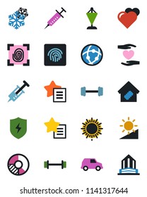 Color and black flat icon set - sun vector, pennant, circle chart, heart, syringe, barbell, hand, favorites list, protect, network, brightness, fingerprint id, smart home, snowflake, car