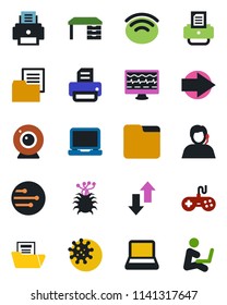 Color and black flat icon set - right arrow vector, desk, printer, monitor pulse, virus, support, folder document, gamepad, laptop pc, network, data exchange, wireless, notebook, web camera