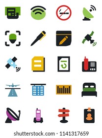 Color and black flat icon set - runway vector, satellite antenna, no smoking, flight table, pen, document, reload, signpost, office phone, barcode, radio, notes, wireless, face id, news, bedroom