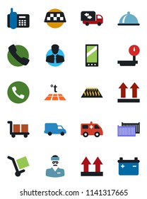 Color and black flat icon set - taxi vector, phone, ambulance car, doctor, office, client, cargo container, delivery, up side sign, heavy scales, mobile, call, moving, dish, warm floor, battery