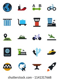 Color and black flat icon set - airport tower vector, taxi, arrival, baggage trolley, passport, flight table, plane globe, building, bike, route, navigation, earth, sea shipping, mountains, rocket