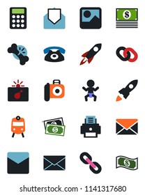 Color and black flat icon set - train vector, bomb in case, baby, mail, broken bone, cash, camera, chain, gallery, calculator, printer, phone, rocket