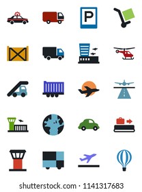 Color and black flat icon set - airport tower vector, runway, departure, baggage conveyor, parking, alarm car, ladder, helicopter, building, earth, plane, truck trailer, delivery, container