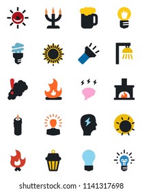 Color and black flat icon set - sun vector, brainstorm, bulb, fire, torch, fireplace, beer, candle, smoke detector, energy saving, outdoor lamp, alarm led, shining head, idea