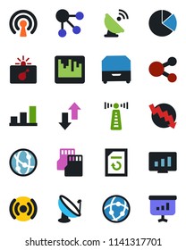 Color and black flat icon set - antenna vector, bomb in case, crisis graph, statistic monitor, document reload, satellite, network, scanner, sd, data exchange, bar, pie, archive box, wireless