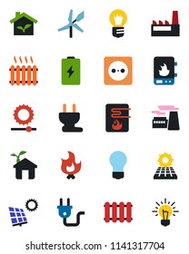 Color and black flat icon set - bulb vector, factory, fire, brightness, sun panel, heater, eco house, socket, power plug, water, radiator, windmill, battery, idea